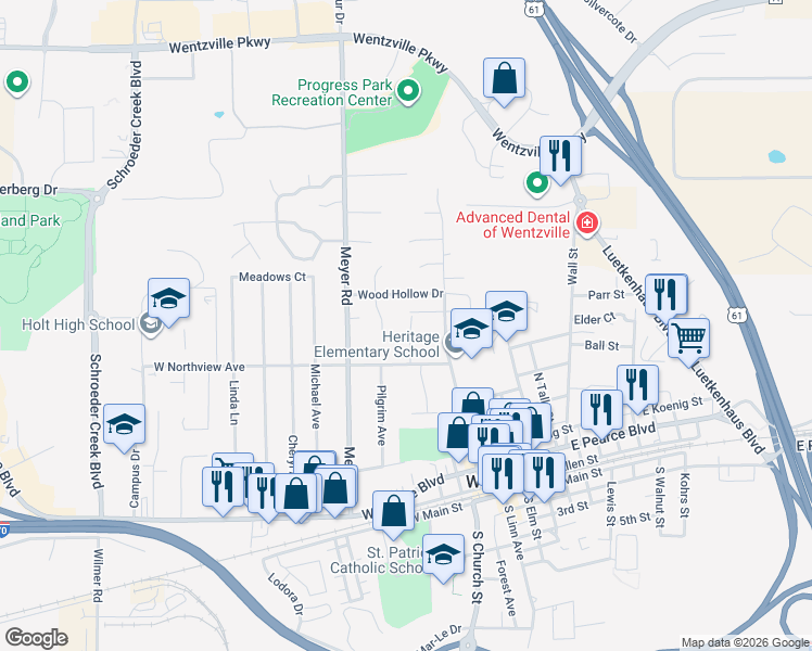 map of restaurants, bars, coffee shops, grocery stores, and more near 625 Scotti Lane in Wentzville