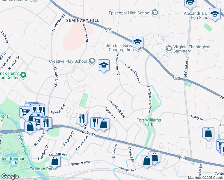 map of restaurants, bars, coffee shops, grocery stores, and more near 4010 Fort Worth Avenue in Alexandria