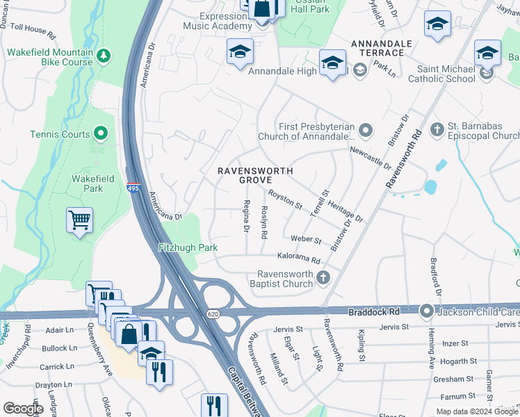 map of restaurants, bars, coffee shops, grocery stores, and more near 4956 Roslyn Road in Annandale