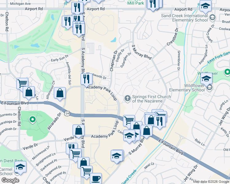 map of restaurants, bars, coffee shops, grocery stores, and more near in Colorado Springs