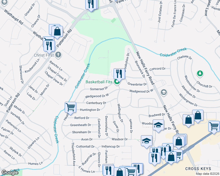 map of restaurants, bars, coffee shops, grocery stores, and more near 2265 Oxford Drive in Florissant