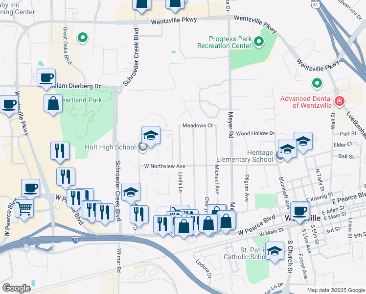 map of restaurants, bars, coffee shops, grocery stores, and more near 705a Linda Lane in Wentzville