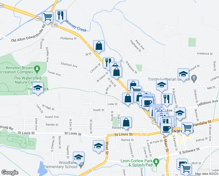 map of restaurants, bars, coffee shops, grocery stores, and more near 216 West 4th Street in Edwardsville