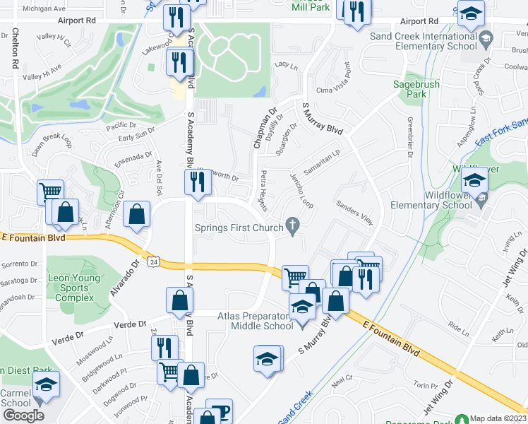 map of restaurants, bars, coffee shops, grocery stores, and more near in Colorado Springs