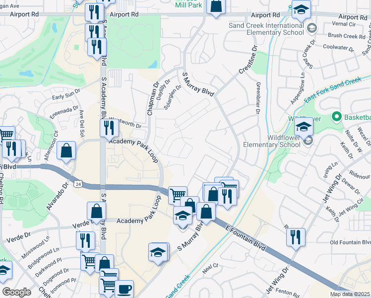 map of restaurants, bars, coffee shops, grocery stores, and more near 1037 Tyre Heights in Colorado Springs
