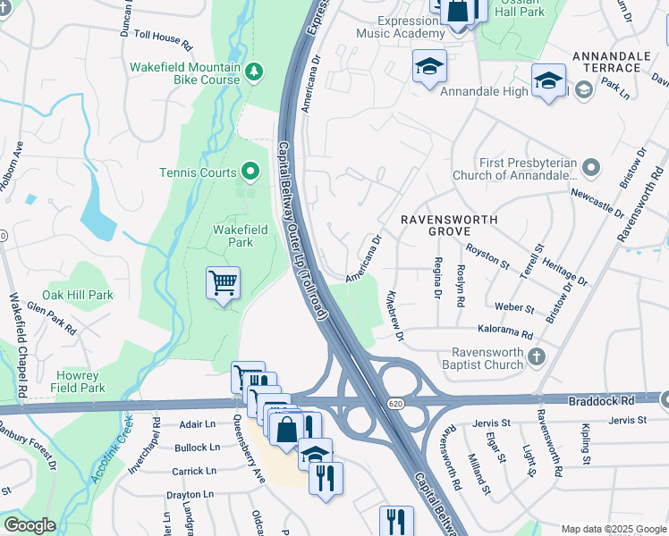 map of restaurants, bars, coffee shops, grocery stores, and more near 4953 Oriskany Drive in Annandale