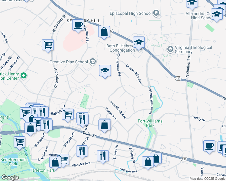 map of restaurants, bars, coffee shops, grocery stores, and more near 4010 Fort Worth Avenue in Alexandria