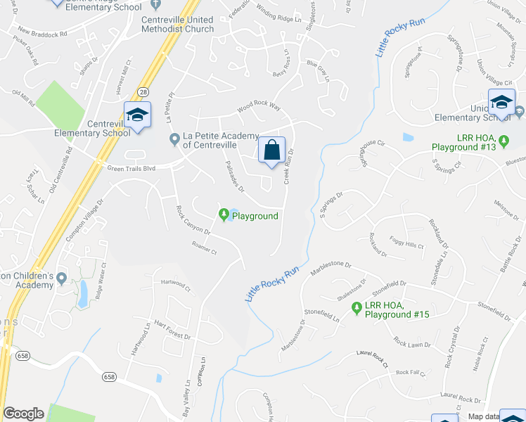 map of restaurants, bars, coffee shops, grocery stores, and more near 6564 Palisades Drive in Centreville