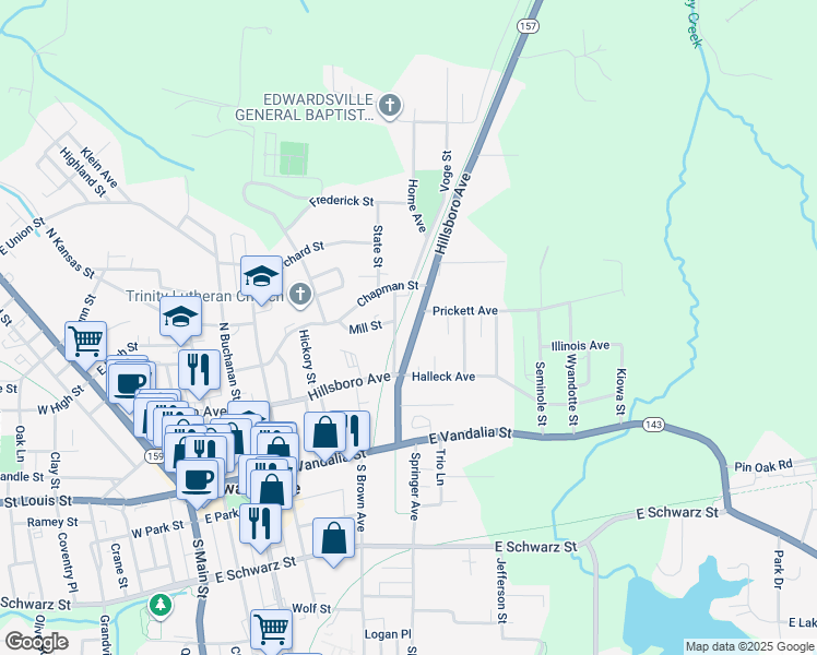 map of restaurants, bars, coffee shops, grocery stores, and more near 739 Hillsboro Avenue in Edwardsville