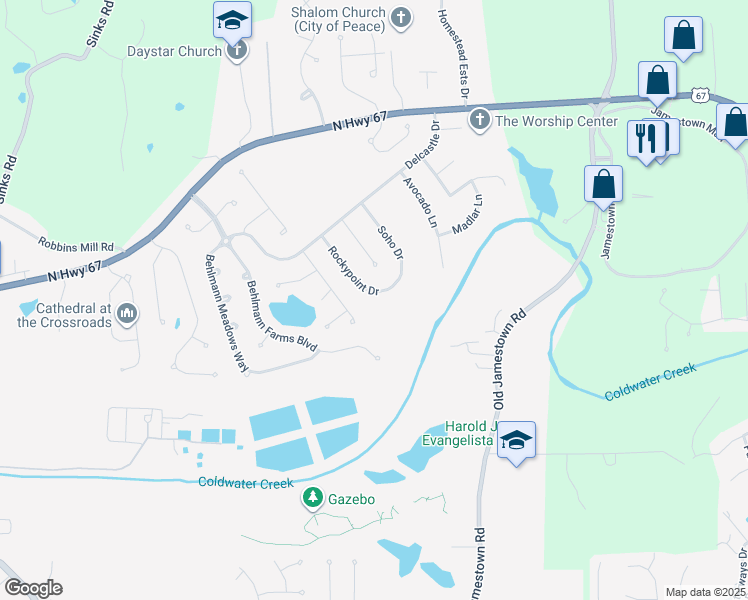 map of restaurants, bars, coffee shops, grocery stores, and more near 14459 Rockypoint Drive in Florissant