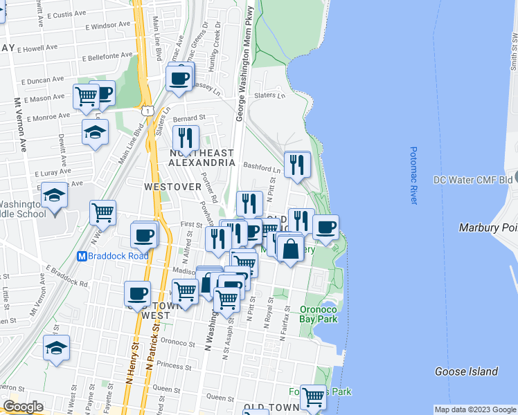map of restaurants, bars, coffee shops, grocery stores, and more near 1130 North Pitt Street in Alexandria