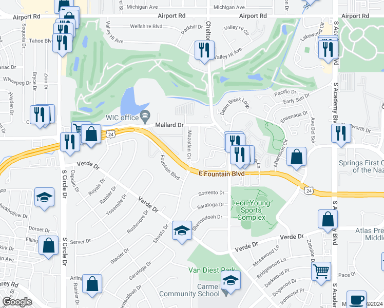 map of restaurants, bars, coffee shops, grocery stores, and more near 1051 Mazatlan Circle in Colorado Springs
