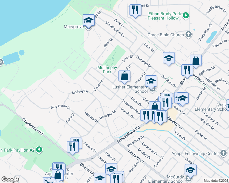 map of restaurants, bars, coffee shops, grocery stores, and more near 2405 Teakwood Manor Drive in Florissant