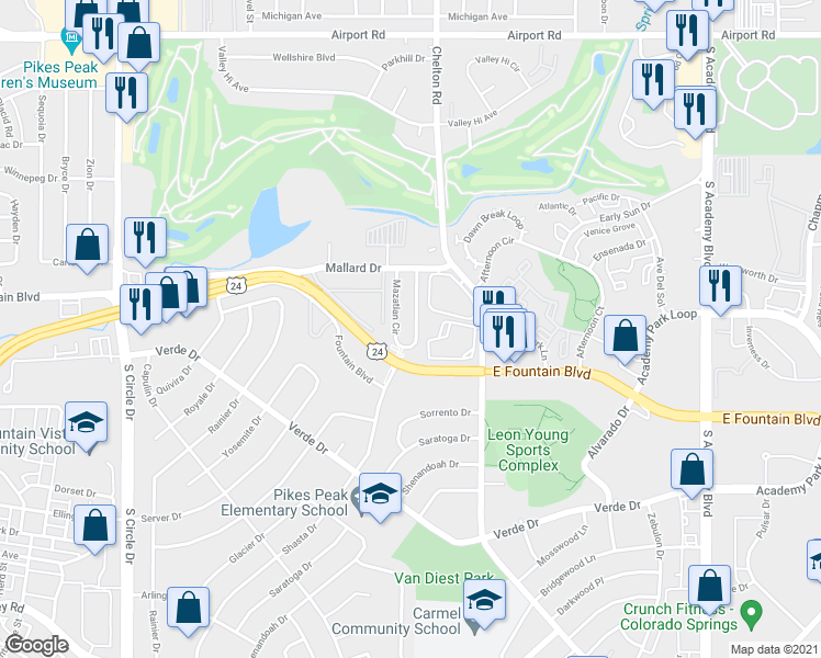 map of restaurants, bars, coffee shops, grocery stores, and more near 1153 Mazatlan Circle in Colorado Springs