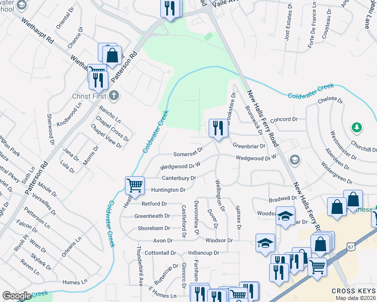 map of restaurants, bars, coffee shops, grocery stores, and more near 2215 Oxford Drive in Florissant