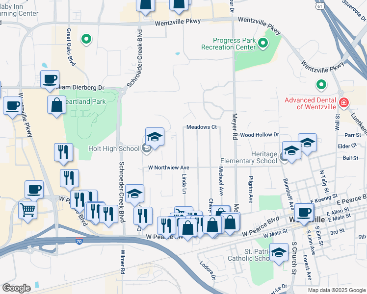 map of restaurants, bars, coffee shops, grocery stores, and more near 705a Linda Lane in Wentzville