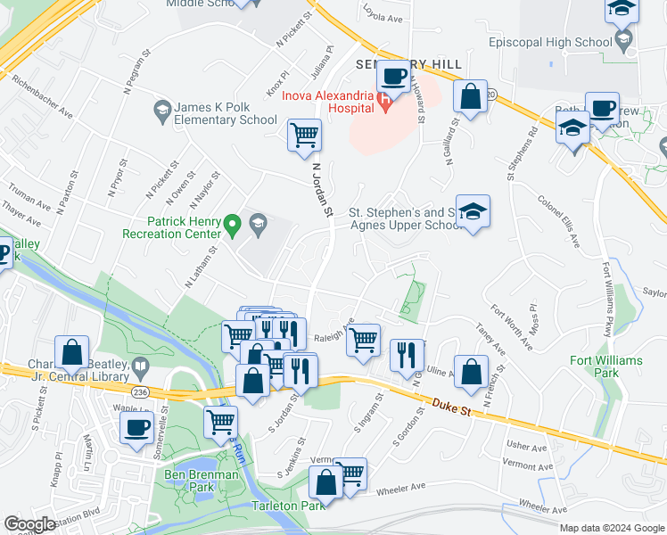 map of restaurants, bars, coffee shops, grocery stores, and more near 509 North Jordan Street in Alexandria