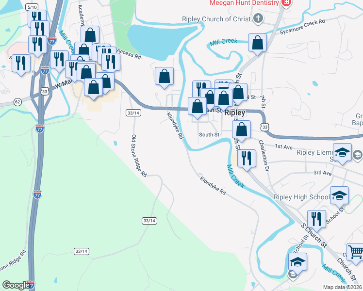 map of restaurants, bars, coffee shops, grocery stores, and more near 164 Klondyke Road in Ripley