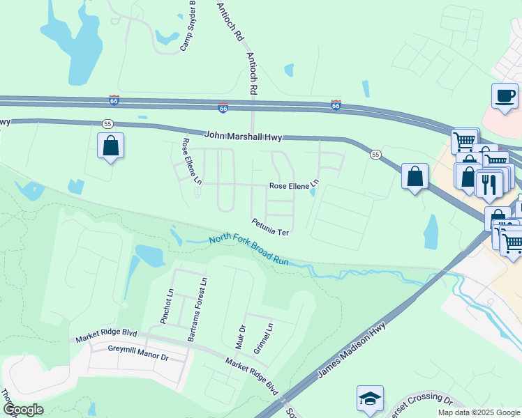 map of restaurants, bars, coffee shops, grocery stores, and more near 6752 Azalea Garden Lane in Haymarket
