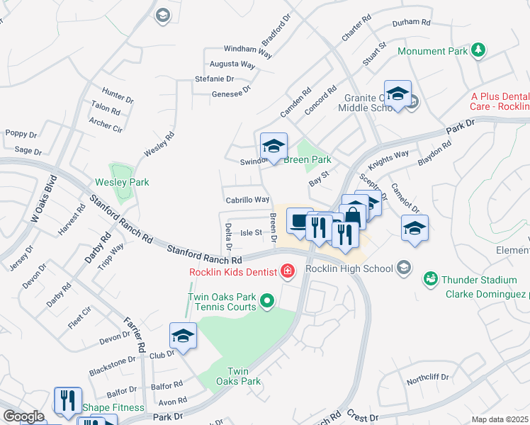 map of restaurants, bars, coffee shops, grocery stores, and more near 5367 Delta Drive in Rocklin