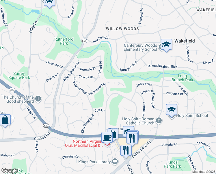 map of restaurants, bars, coffee shops, grocery stores, and more near 4947 Sabra Lane in Annandale