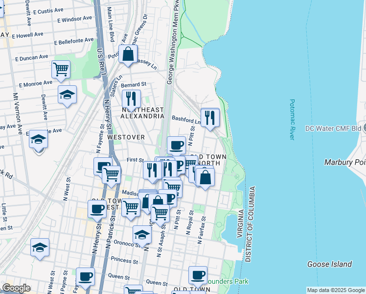 map of restaurants, bars, coffee shops, grocery stores, and more near 1130 North Pitt Street in Alexandria
