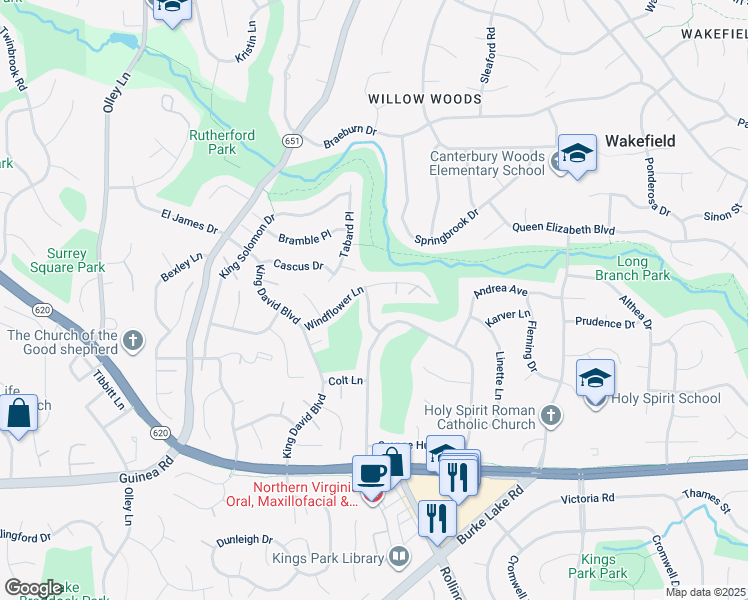 map of restaurants, bars, coffee shops, grocery stores, and more near 4947 Sabra Lane in Annandale
