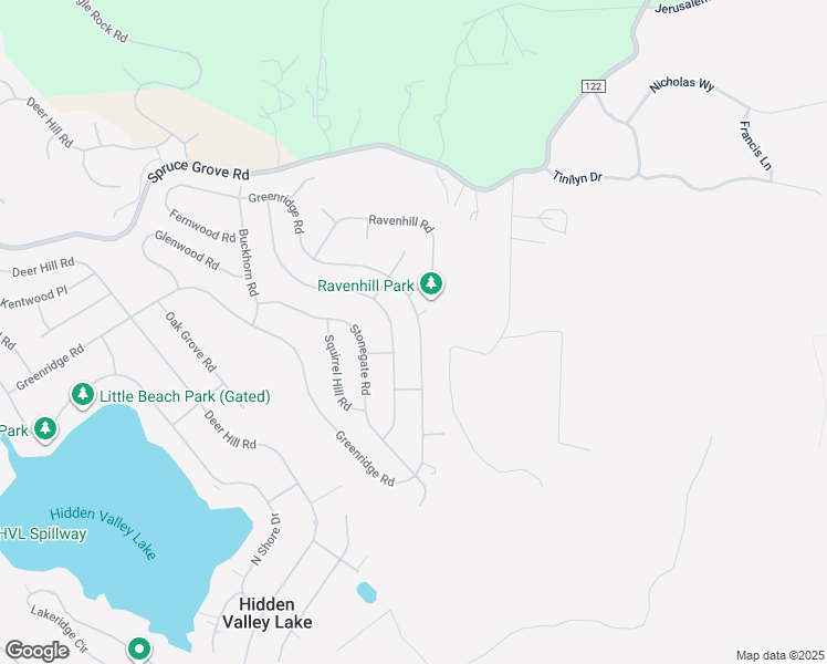 map of restaurants, bars, coffee shops, grocery stores, and more near 16909 Greenridge Road in Hidden Valley Lake