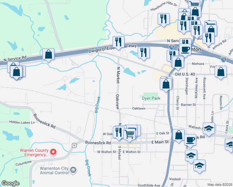 map of restaurants, bars, coffee shops, grocery stores, and more near 101 Morgan Trails Court in Warrenton