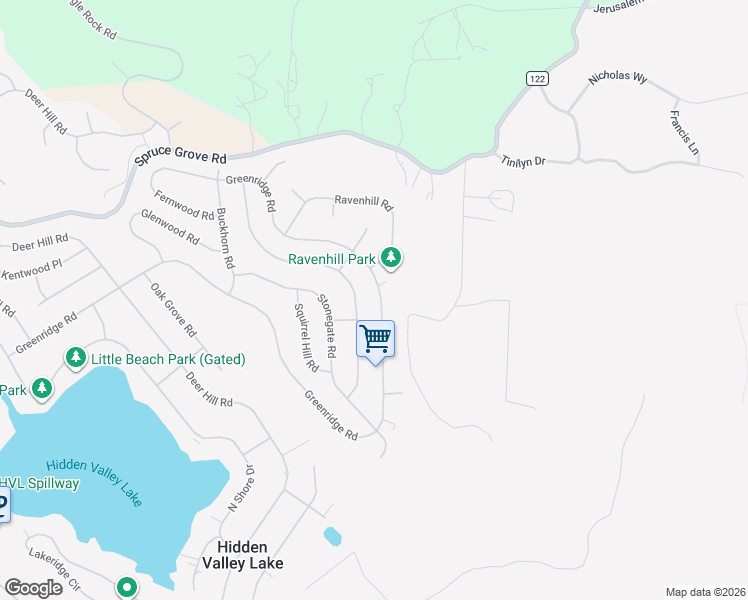 map of restaurants, bars, coffee shops, grocery stores, and more near 16891 Greenridge Road in Hidden Valley Lake