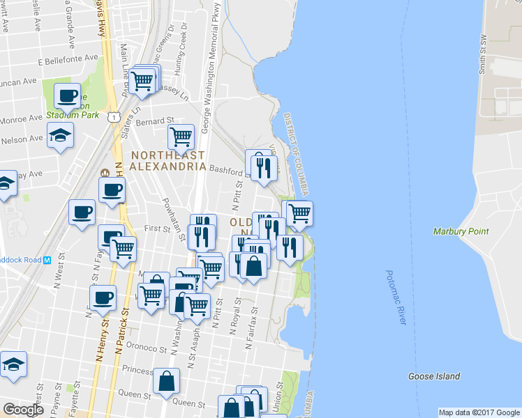 map of restaurants, bars, coffee shops, grocery stores, and more near 317 Hearthstone Mews in Alexandria
