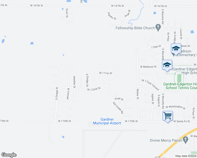 map of restaurants, bars, coffee shops, grocery stores, and more near 17176 South Kill Creek Road in Gardner