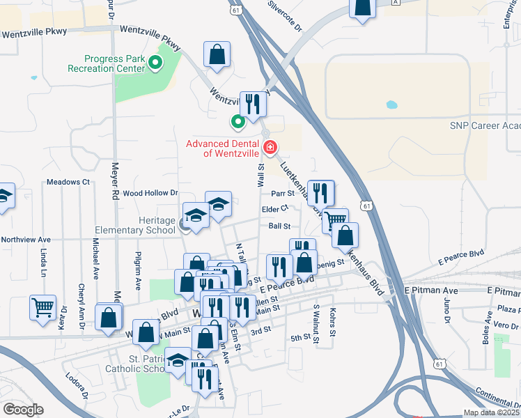 map of restaurants, bars, coffee shops, grocery stores, and more near 600 Elder Court in Wentzville