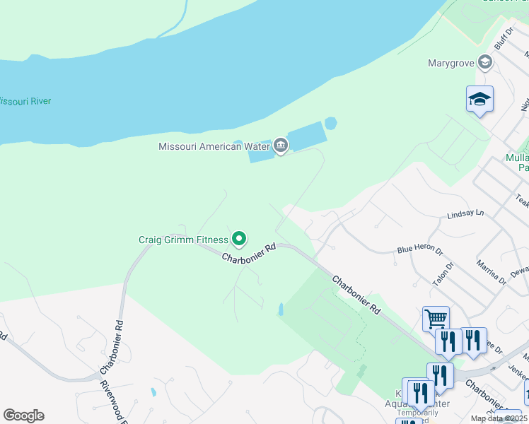 map of restaurants, bars, coffee shops, grocery stores, and more near 2840 Charbonier Road in Florissant