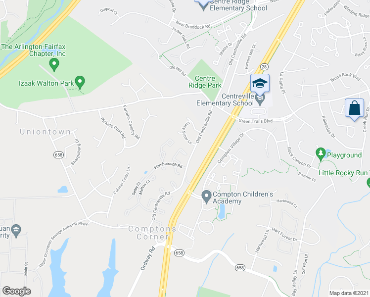 map of restaurants, bars, coffee shops, grocery stores, and more near 6712 Rockledge Place in Centreville