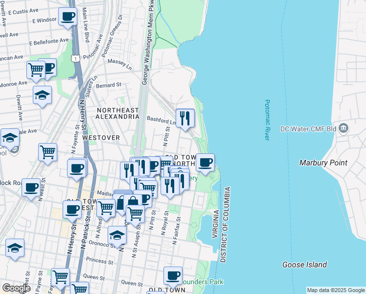 map of restaurants, bars, coffee shops, grocery stores, and more near 317 Hearthstone Mews in Alexandria