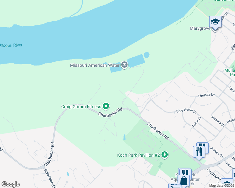 map of restaurants, bars, coffee shops, grocery stores, and more near 2840 Charbonier Road in Florissant