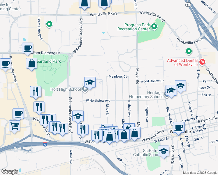 map of restaurants, bars, coffee shops, grocery stores, and more near 705a Linda Lane in Wentzville