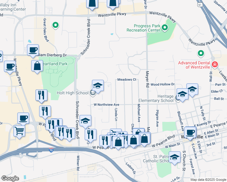 map of restaurants, bars, coffee shops, grocery stores, and more near 705a Linda Lane in Wentzville