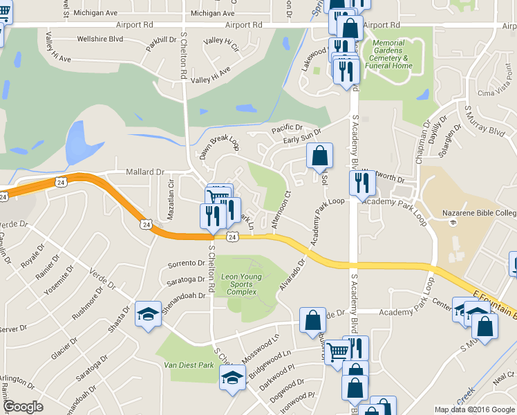 map of restaurants, bars, coffee shops, grocery stores, and more near 1120 Zamora Circle in Colorado Springs