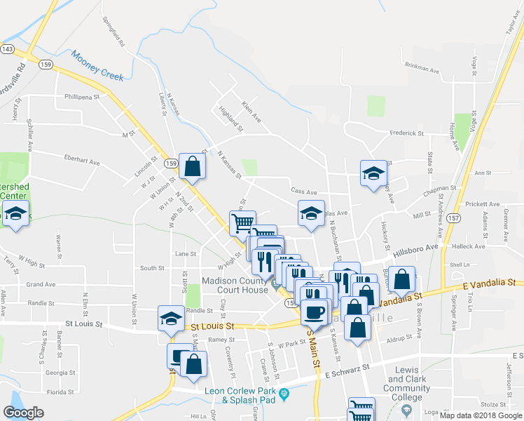 map of restaurants, bars, coffee shops, grocery stores, and more near 13 Abner Place in Edwardsville