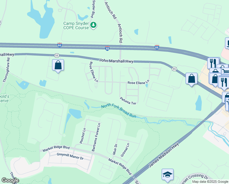 map of restaurants, bars, coffee shops, grocery stores, and more near 15989 Sweet Violet Lane in Haymarket