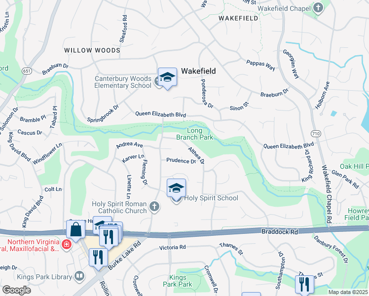 map of restaurants, bars, coffee shops, grocery stores, and more near 4922 Althea Drive in Annandale