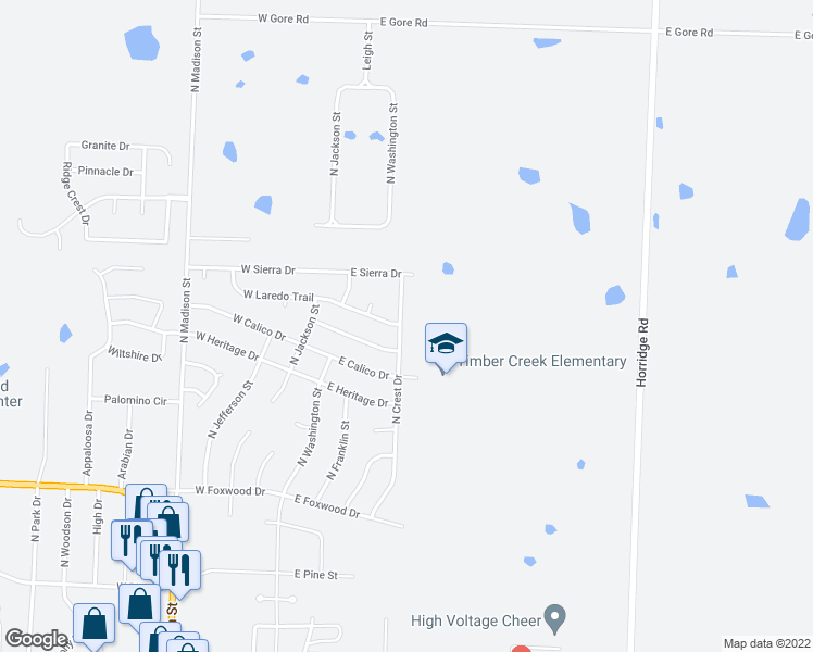map of restaurants, bars, coffee shops, grocery stores, and more near 619 North Crest Drive in Raymore