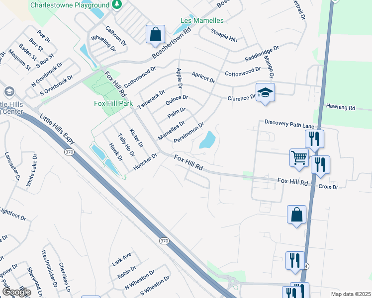 map of restaurants, bars, coffee shops, grocery stores, and more near 3005 Devilla Trail in St. Charles