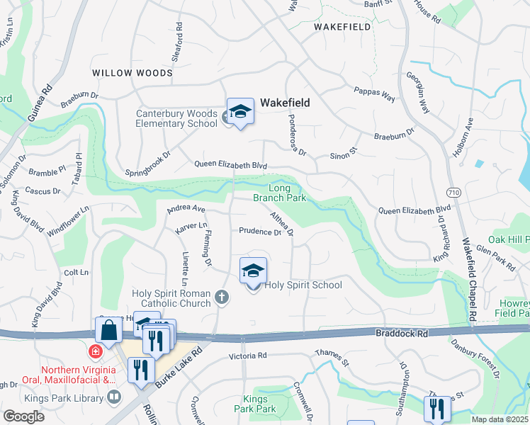 map of restaurants, bars, coffee shops, grocery stores, and more near 4922 Althea Drive in Annandale