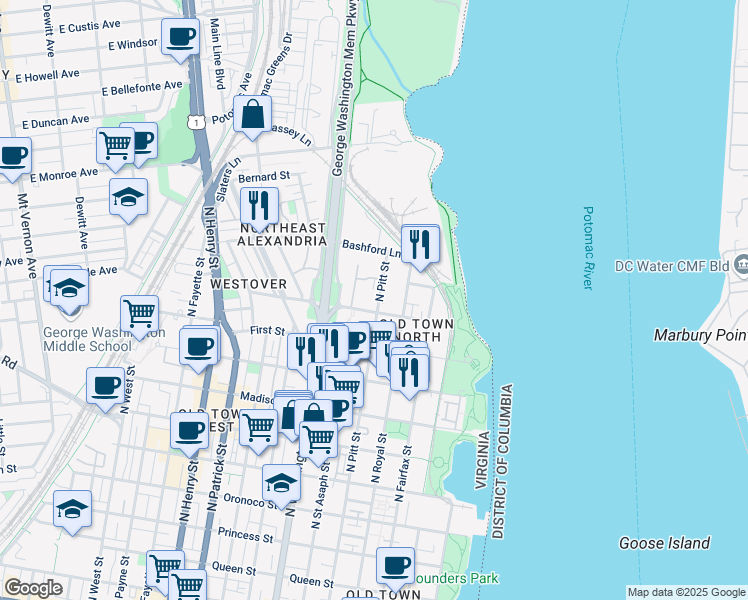 map of restaurants, bars, coffee shops, grocery stores, and more near 1110 North Pitt Street in Alexandria