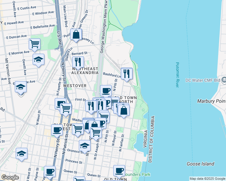 map of restaurants, bars, coffee shops, grocery stores, and more near 1110 North Pitt Street in Alexandria
