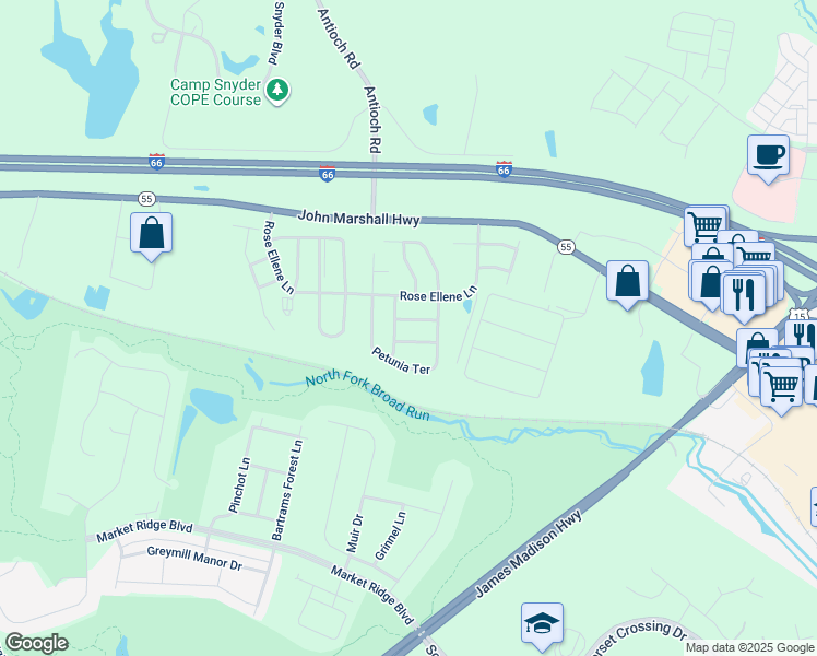 map of restaurants, bars, coffee shops, grocery stores, and more near 15865 Lavender Woods Lane in Haymarket