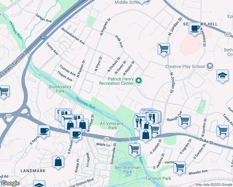 map of restaurants, bars, coffee shops, grocery stores, and more near 4709 Surry Place in Alexandria